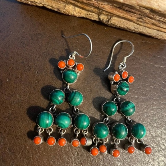 Sterling Silver Malachite & Coral earrings - Picture 1 of 7